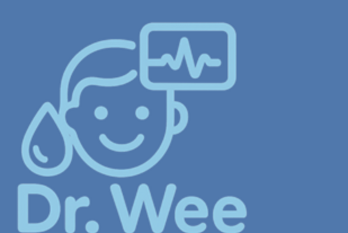 Ein Logo mit dem Text "Dr. Wee" und einer stilisierten, lächelnden Kinderfigur. Darunter steht "Biomarkerbasiertes Monitoring bei Neugeborenen". Die Farben sind sanft und beruhigend, das Design vermittelt einen freundlichen und professionellen Eindruck.