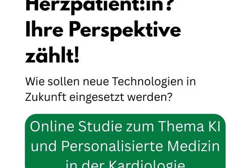 Bildtext: Eine Einladung an Herzpatient:innen, ihre Perspektiven zu teilen. Es wird eine Online-Studie zum Einsatz von KI und personalisierter Medizin in der Kardiologie angekündigt.