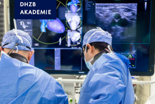 Zwei Ärzte in blauen OP-Kitteln betrachten Bildschirme mit medizinischen Daten und Ultraschallbildern. Die Bildschirme zeigen anschauliche Darstellungen von Herz und anderen Organen, während die Ärzte konzentriert arbeiten.