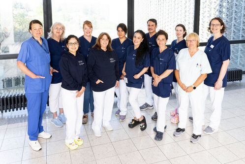 Eine Gruppe von 14 Personen steht in einem hellen Raum. Sie tragen hauptsächlich dunkelblaue und weiße Arbeitskleidung. Die Mitglieder des Teams lächeln und zeigen eine freundliche Haltung. Im Hintergrund sind große Fenster, durch die Licht strahlt.