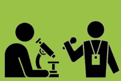 Das Bild zeigt zwei stilisierte Figuren auf grünem Hintergrund. Eine Figur sitzt an einem Mikroskop, während die andere mit einem Mikrofon spricht, möglicherweise in einer Präsentation oder Diskussion.