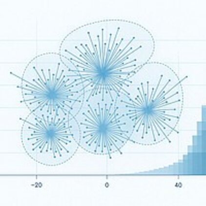 Die Grafik zeigt mehrere Cluster, die durch verstreute Punkte dargestellt werden. Jeder Cluster hat lange Linien, die von einem zentralen Punkt ausgehen. Im Hintergrund ist ein Histogramm zu sehen, das die Verteilung von Daten zeigt. Die Farben sind in sanften Blau- und Grautönen gehalten.