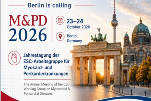 Text: "Speichern Sie das Datum für M&PD 2026: Jahrestagung der ESC-Arbeitsgruppe für Myokard- und Perikarderkrankungen am 23. und 24. Oktober 2026 in Berlin, Deutschland."