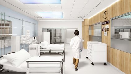 Ein Arzt in einem weißen Kittel geht durch ein modernes Krankenhauszimmer, das mit zwei Krankenhausbetten ausgestattet ist. Die Wände sind hell gestaltet, und medizinische Geräte sowie ein Rollwagen sind sichtbar. In der Ecke zeigt eine Uhr die Zeit an. Das Gesamtbild vermittelt einen Eindruck von Sauberkeit und Professionalität.