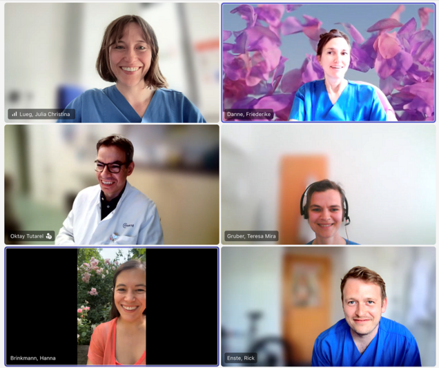 Sechs Personen in medizinischer Kleidung lächeln in einer Videokonferenz. Oben links ist Julia, rechts Friederike, darunter links Oktay, daneben Teresa, und unten links Hanna, dann Rick. Alle wirken freundlich und professionell, mit einem Hintergrund, der teilweise unscharf ist.