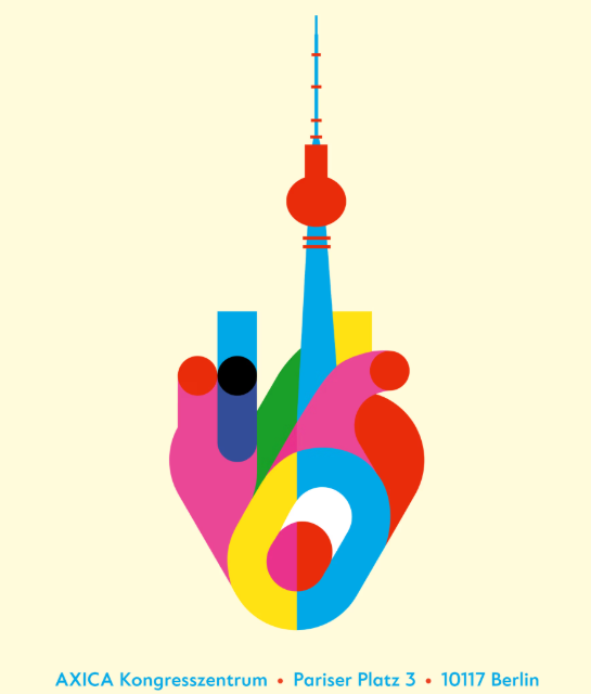 Ein farbenfrohes Design zeigt eine stilisierte Hand, die den Berliner Fernsehturm präsentiert. Der Text betont den "Congenital Heart Summit", wo Berlin, Aachen und Kiel am 5. Dezember 2026 zusammenkommen. Veranstaltungsort: AXICA Kongresszentrum, Pariser Platz 3, 10117 Berlin.