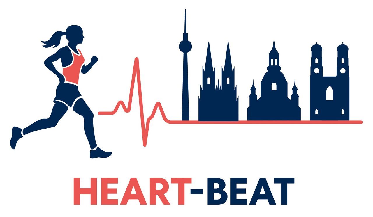 Eine laufende Person in Sportkleidung wird von einem Herzschlag-Kurvenmuster und verschiedenen Silhouetten bekannter Gebäude umgeben. Darunter steht der Schriftzug "HEART-BEAT". Das Bild vermittelt ein Gefühl von Bewegung und Gesundheit.