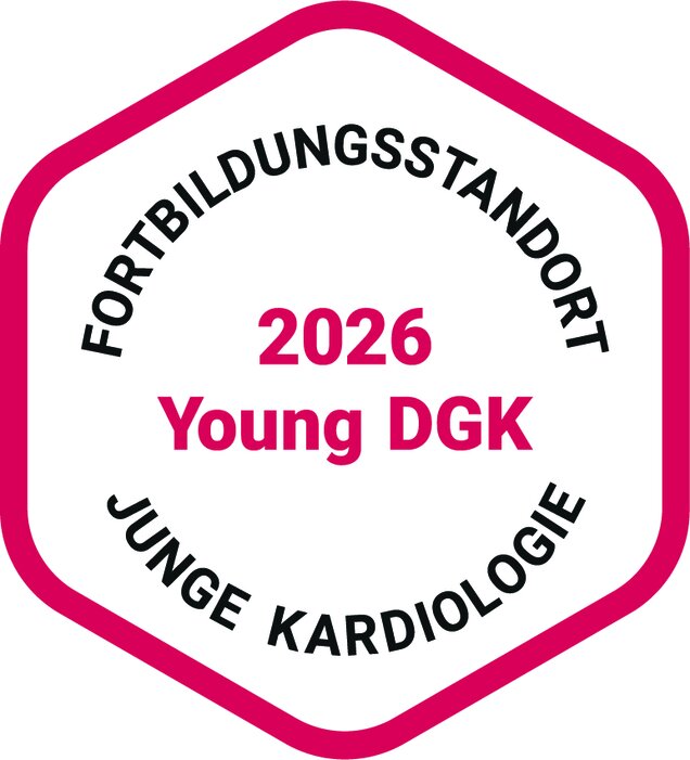 Zertifikat für den Fortbildungsstandort 2026 der Jungen DGK (Deutsche Gesellschaft für Kardiologie). Es wird betont, dass es sich um eine Weiterbildungsveranstaltung für junge Fachkräfte in der Kardiologie handelt.