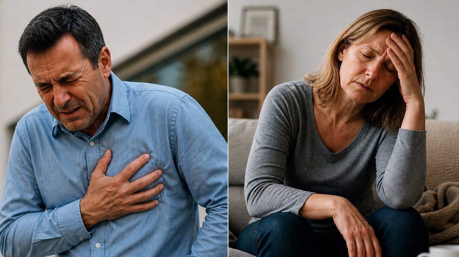 Ein Mann hält sich schmerzhaft die Brust, während eine Frau mit einer Hand ihre Stirn berührt und müde aussieht. Beide zeigen Anzeichen von Unwohlsein oder Stress in unterschiedlichen Umgebungen.