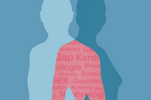Das Bild zeigt silouettenartige Körper in hellblau und dunkelblau, die sich überschneiden. Im Hintergrund sind Begriffe wie „Gender Gap“, „Kardiologie“ und „Diversität“ in rosa Schrift angeordnet. Es vermittelt eine Botschaft über Geschlechterunterschiede in der Medizin.