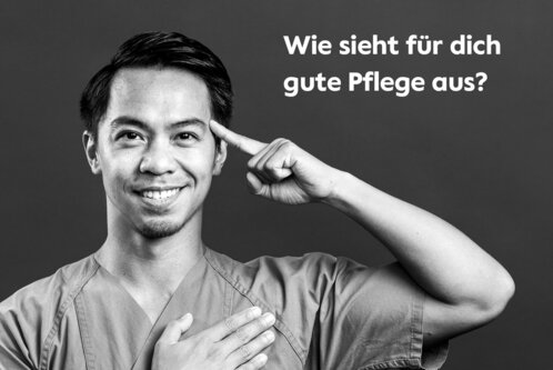 Portrait von Pflegefachkraft Bryan Robles mit Überschrift "Wie sieht gute Pflege aus?"