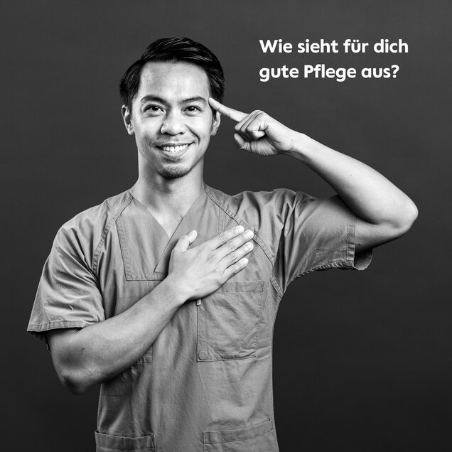 Portrait von Pflegefachkraft Bryan Robles mit Überschrift "Wie sieht gute Pflege aus?"