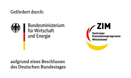 Das Bild zeigt den Text "Gefördert durch: Bundesministerium für Wirtschaft und Energie" und das Logo des ZIM (Zentrales Innovationsprogramm Mittelstand). Es wird darauf hingewiesen, dass die Förderung aufgrund eines Beschlusses des Deutschen Bundestages erfolgt.