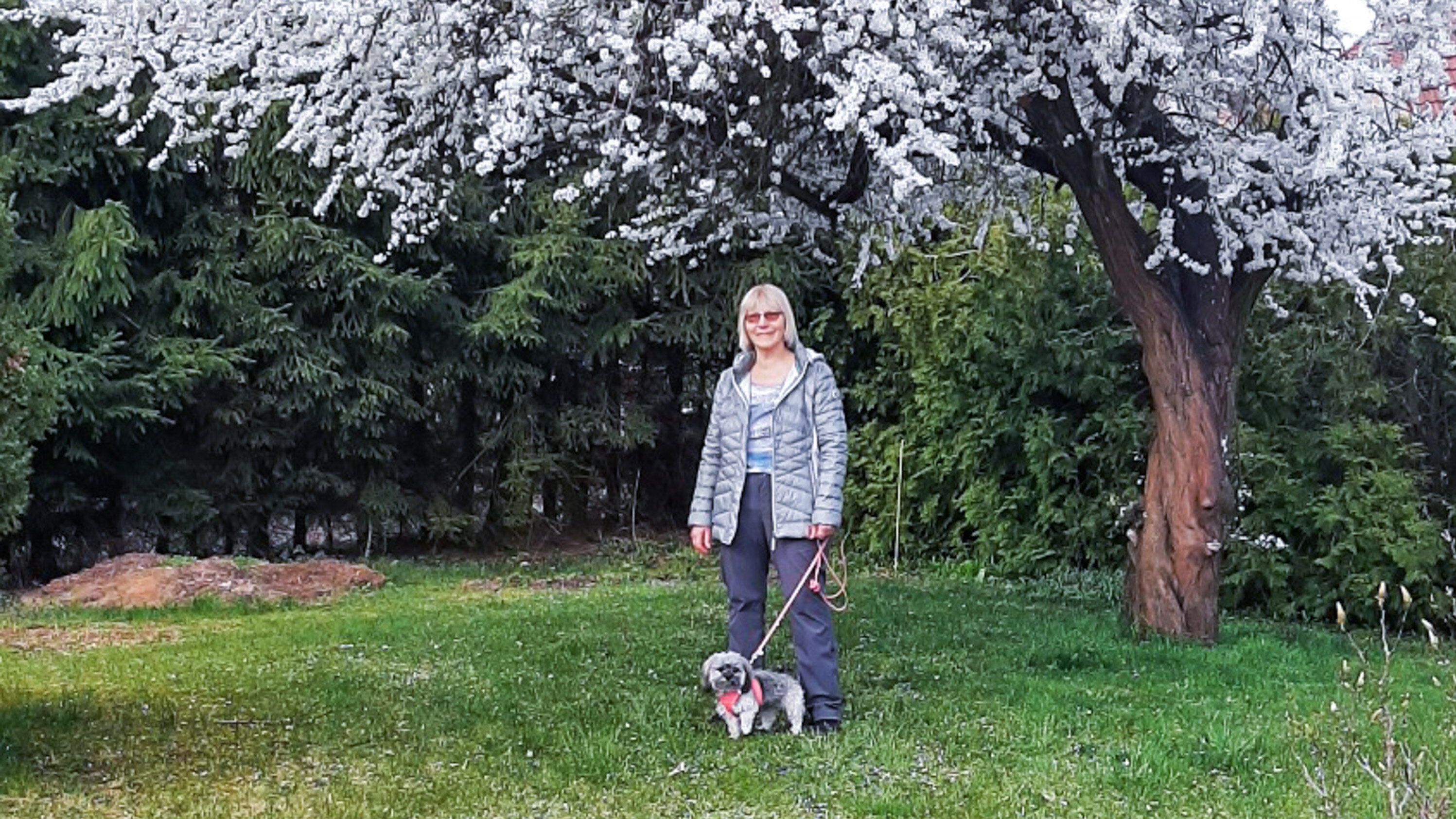 Eine Frau steht auf einer saftig grünen Wiese unter einem blühenden Baum. Sie trägt eine graue Jacke und hat einen kleinen Hund an der Leine. Der Hintergrund zeigt dichte, grüne Bäume.