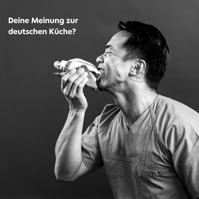 Portrait von Pflegefachkraft Bryan Robles mit Überschrift "Deine Meinung zur deutschen Küche?"
