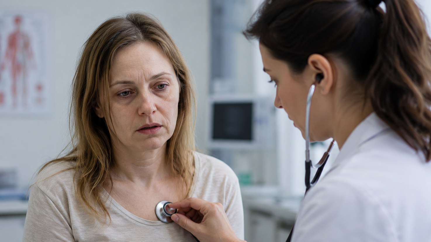 Eine Ärzte spricht mit einer besorgten Patientin, während sie ein Stethoskop auf ihre Brust legt. Die Patientin sieht besorgt und nachdenklich aus, während die Ärztin konzentriert arbeitet.