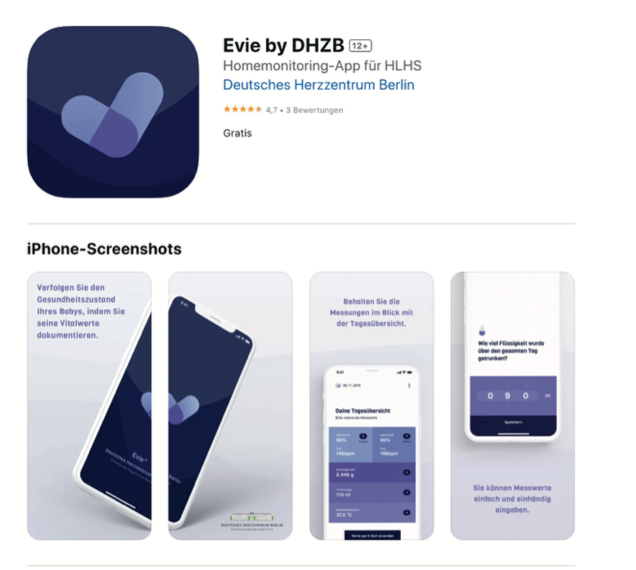 Die Abbildung zeigt die Benutzeroberfläche der Evie-App, einer Homemonitoring-App für HLHS, entwickelt vom Deutschen Herzzentrum Berlin. Screenshots präsentieren Funktionen wie die Verfolgung von Vitalwerten und Flüssigkeitsaufnahme, sowie eine Tagesübersicht zur einfachen Dokumentation der Gesundheit des Babys.