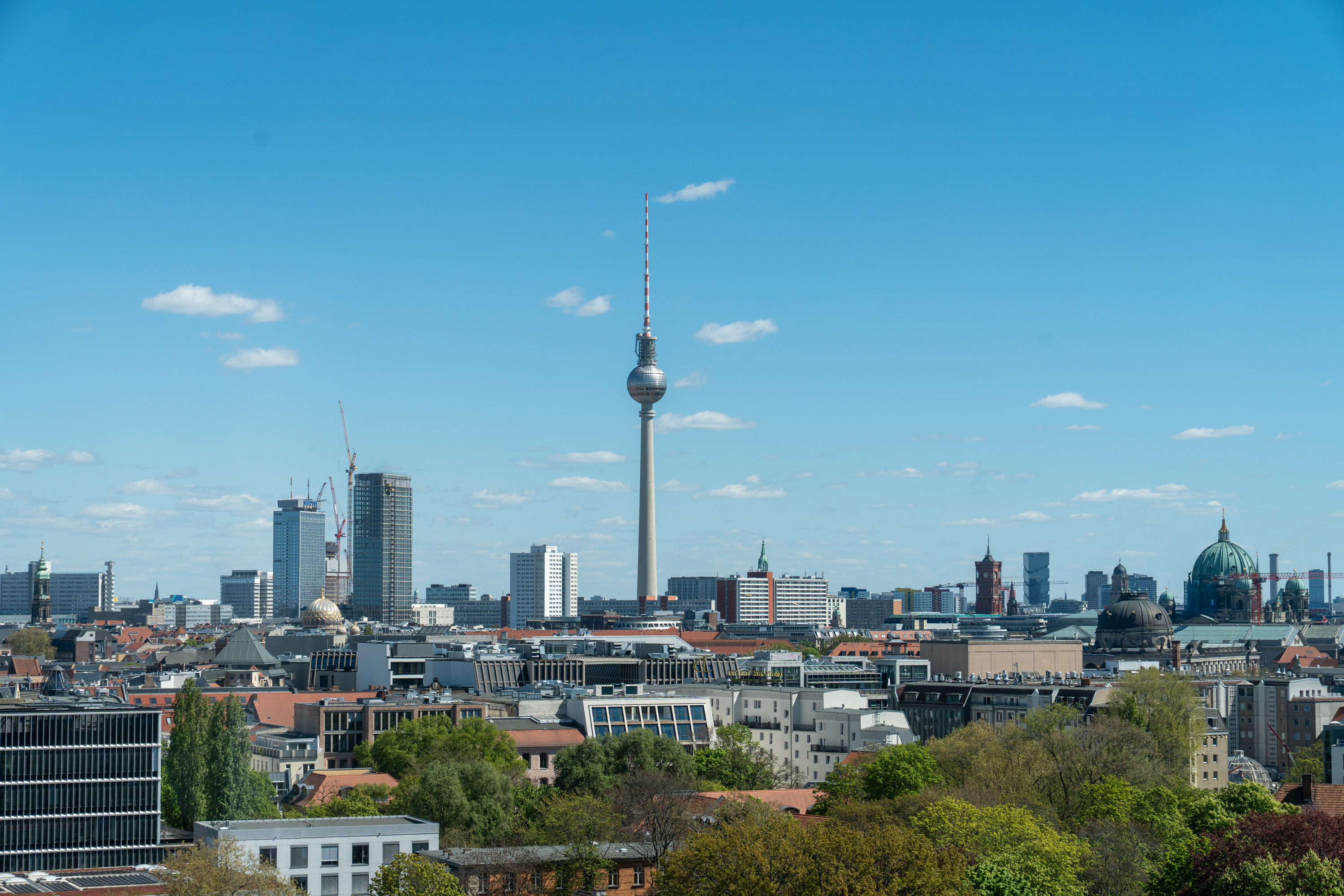 Panorama der Berliner Skyline mit dem markanten Fernsehturm im Vordergrund. Im Hintergrund sind moderne Gebäude und historische Architektur zu sehen, umgeben von Bäumen und Natur. Der Himmel ist blau mit wenigen Wolken.